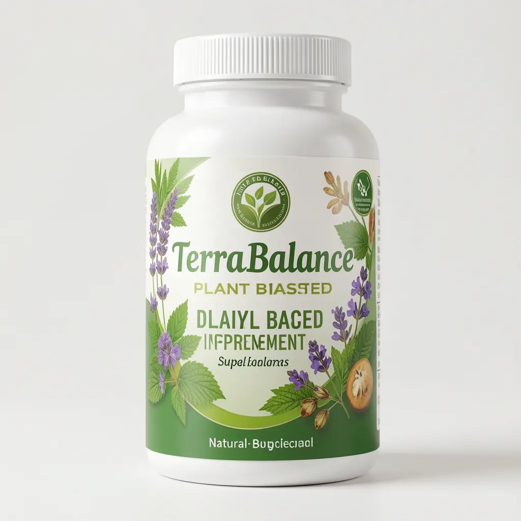 TerraBalance plant-based dietary supplement bottle featuring natural botanical ingredients